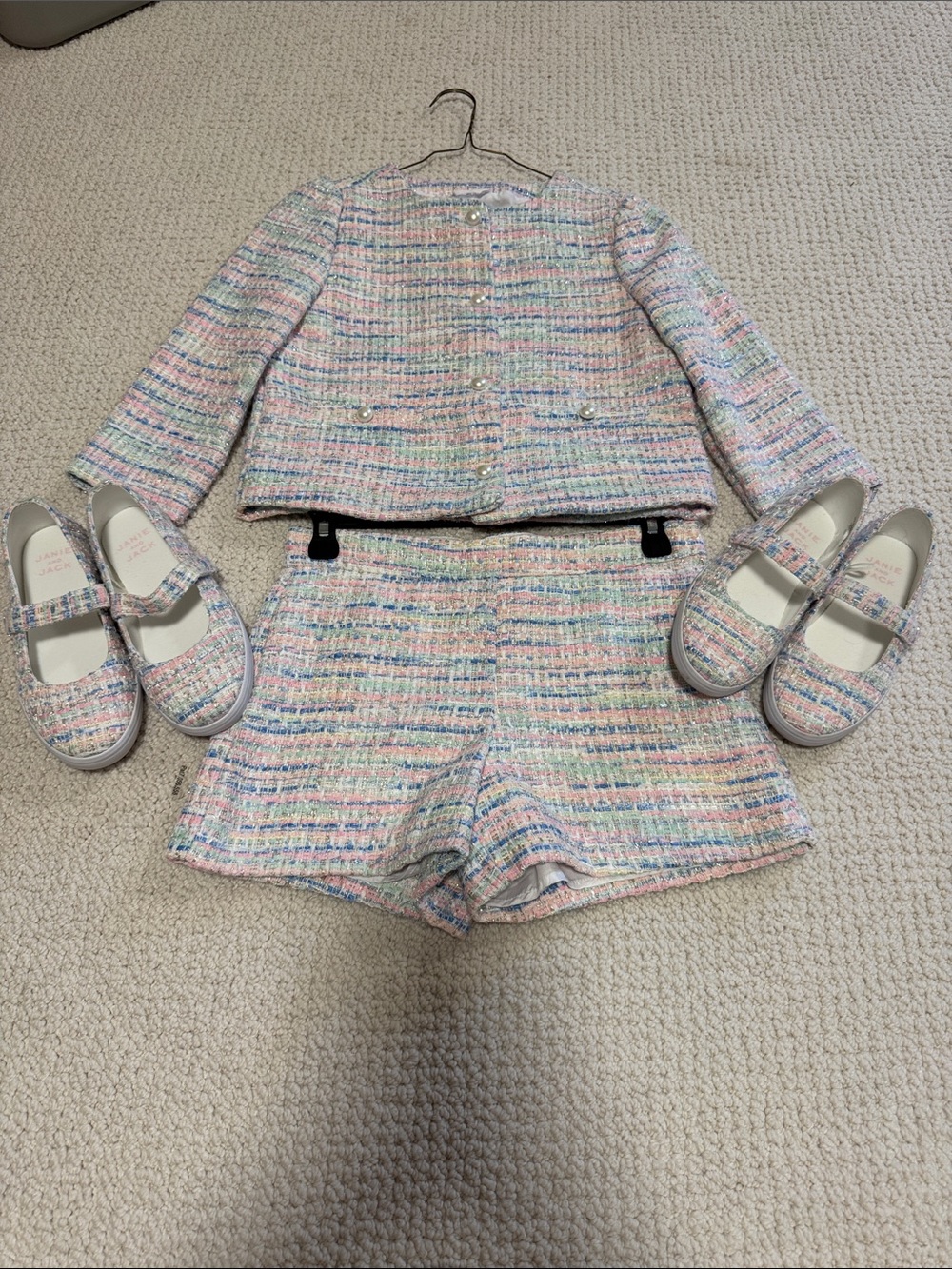 Pastel Multicolor Tweed Jacket and Shorts Set with Matching Mary Janes